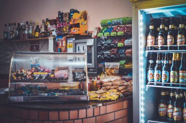drinks for sale in merchandiser refrigerator
